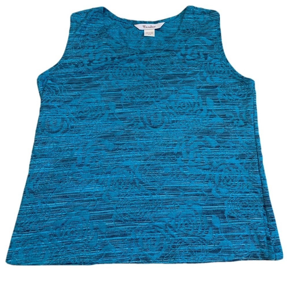 TANJAY Teal Jacquard Floral Tank Top, Size S/P